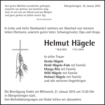 Traueranzeige von Helmut Hägele von Gmünder Tagespost