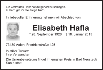 Traueranzeige von Elisabeth Hafla von Schwäbische Post