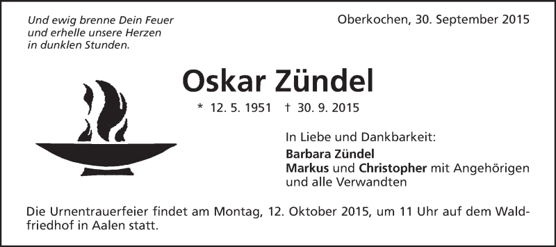  Traueranzeige für Oskar Zündel vom 08.10.2015 aus Schwäbische Post