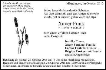 Traueranzeige von Xaver Funk von Gmünder Tagespost