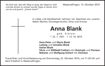 Traueranzeige von Anna Blank von Schwäbische Post