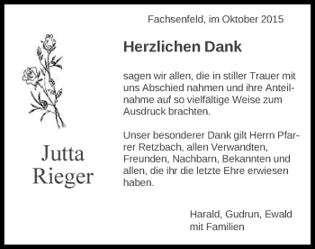 Traueranzeige von Jutta Rieger von Schwäbische Post