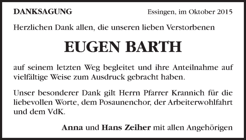  Traueranzeige für Eugen Barth vom 07.10.2015 aus Schwäbische Post