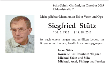 Traueranzeige von Siegfried Stütz von Gmünder Tagespost