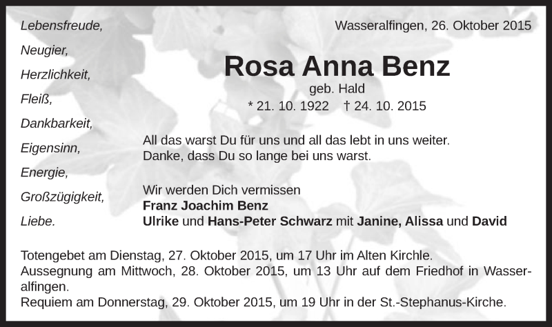  Traueranzeige für Rosa Aana Benz vom 26.10.2015 aus Schwäbische Post