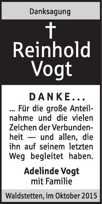 Traueranzeige von Reinhold Vogt von Gmünder Tagespost