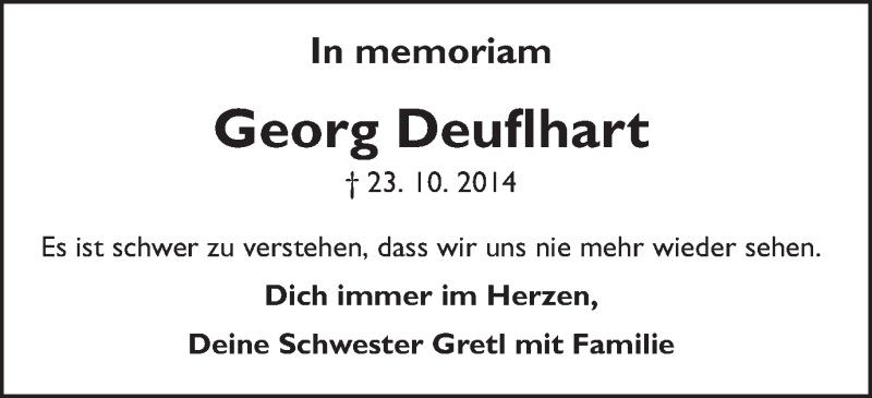 Traueranzeige für Georg Deuflhart vom 23.10.2015 aus Schwäbische Post