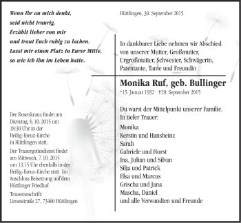 Traueranzeige von Monika Ruf von Schwäbische Post