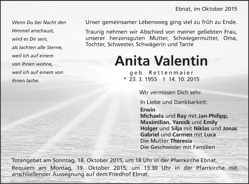  Traueranzeige für Anita Valentin vom 16.10.2015 aus Schwäbische Post