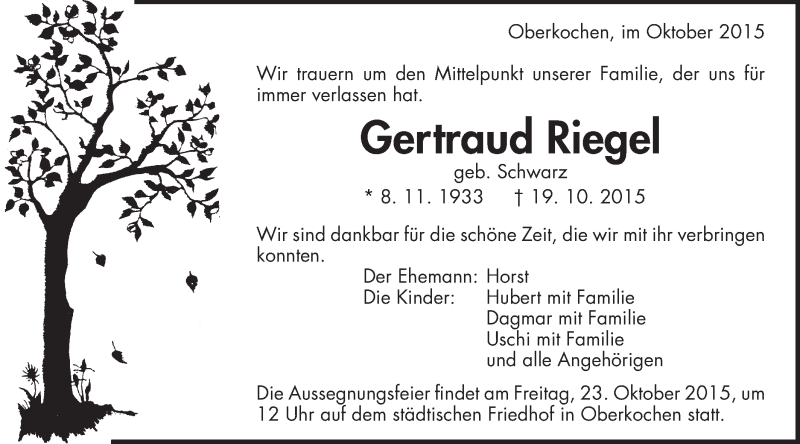  Traueranzeige für Gertraud Riegel vom 21.10.2015 aus Schwäbische Post
