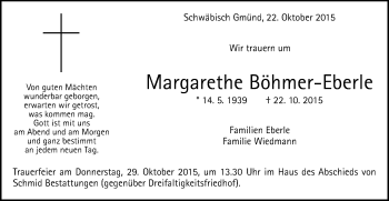 Traueranzeige von Margarethe Böhmer-Eberle von Gmünder Tagespost