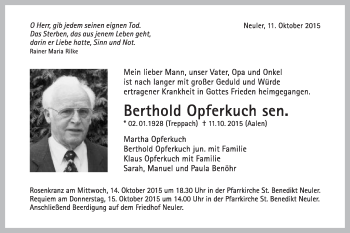 Traueranzeige von Berthold Opferkuch von Schwäbische Post