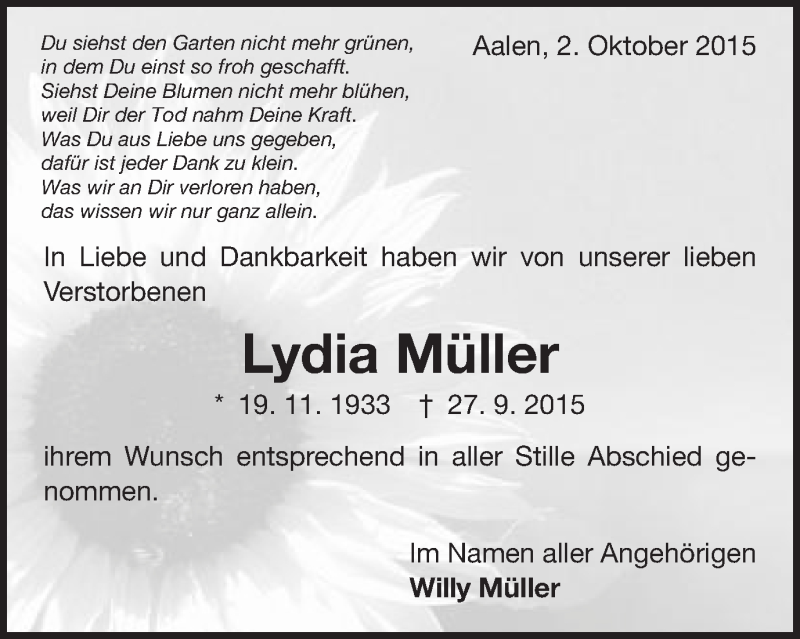  Traueranzeige für Lydia Müller vom 02.10.2015 aus Schwäbische Post