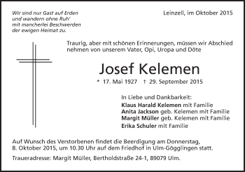 Traueranzeige von Josef Kelemen von Gmünder Tagespost