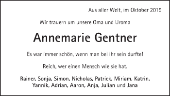 Traueranzeige von Annemarie Gentner von Schwäbische Post
