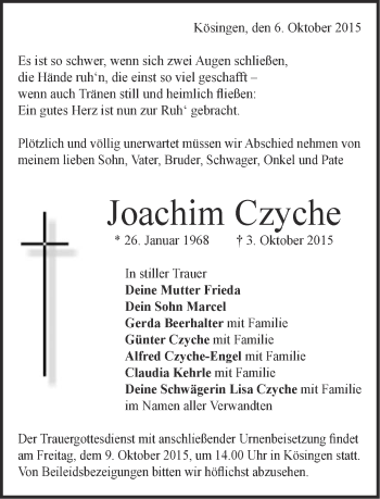 Traueranzeige von Joachim Czyche von Schwäbische Post