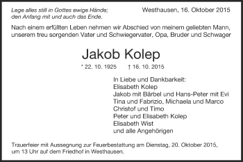Traueranzeige von Jakob Kolep von Schwäbische Post