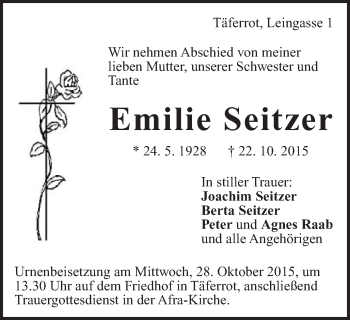 Traueranzeige von Emilie Seitzer von Gmünder Tagespost