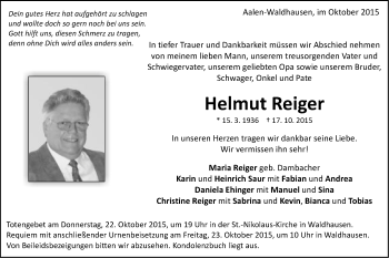 Traueranzeige von Helmut Reiger von Schwäbische Post