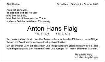 Traueranzeige von Anton Hans Flaig von Gmünder Tagespost