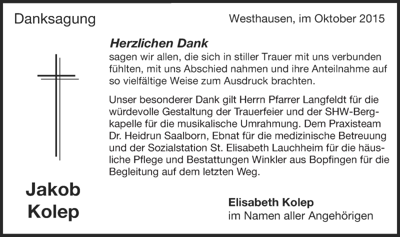  Traueranzeige für Jakob Kolep vom 28.10.2015 aus Schwäbische Post