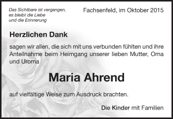 Traueranzeige von Maria Ahrend von Schwäbische Post