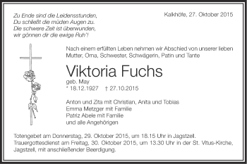 Traueranzeige von Viktoria Fuchs von Schwäbische Post