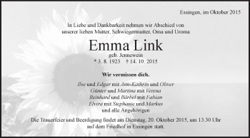 Traueranzeige von Emma Link von Schwäbische Post