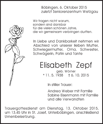 Traueranzeige von Elisabeth Zepf