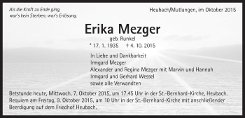 Traueranzeige von Erika Mezger von Gmünder Tagespost