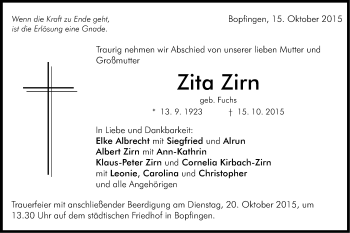 Traueranzeige von Zita Zirn von Schwäbische Post