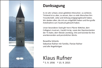 Traueranzeige von Klaus Rufner von Schwäbische Post