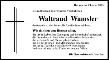 Traueranzeige von Waltraud Wamsler von Gmünder Tagespost
