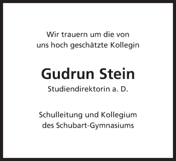 Traueranzeige von Gudrun Stein von Schwäbische Post