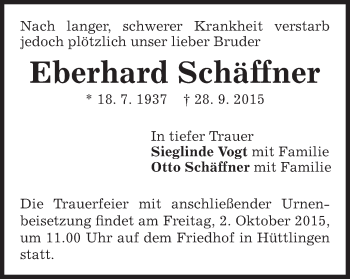 Traueranzeige von Schäffner Eberhard von Schwäbische Post