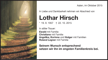 Traueranzeige von Lothar Hirsch von Schwäbische Post