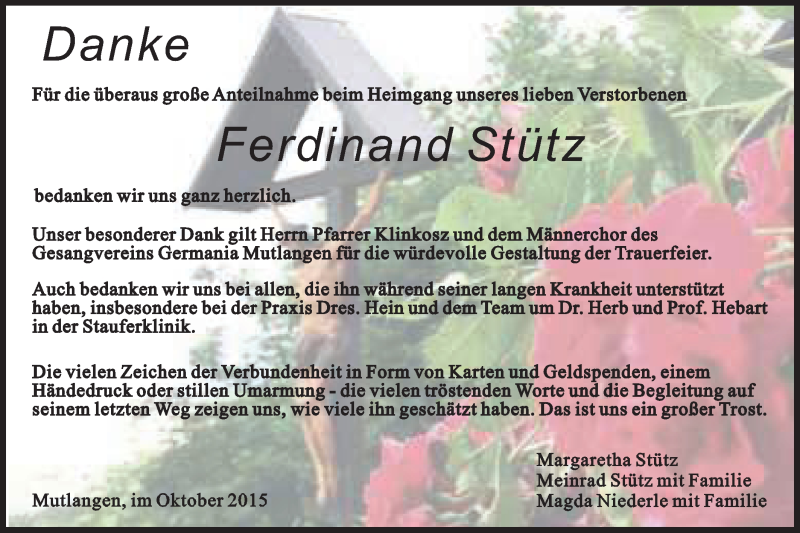  Traueranzeige für Ferdinand Stütz vom 07.10.2015 aus Gmünder Tagespost