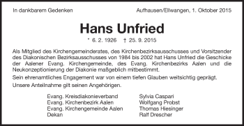 Traueranzeige von Hans Unfried von Schwäbische Post