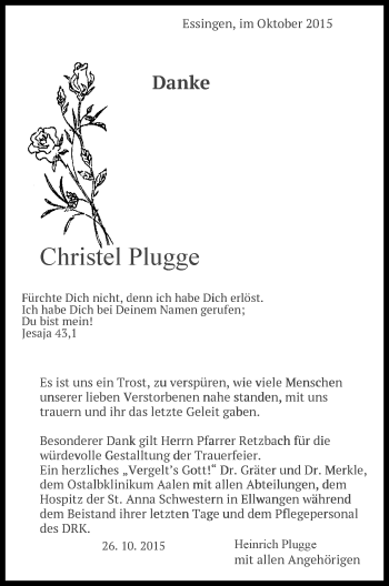 Traueranzeige von Christel Plugge von Schwäbische Post