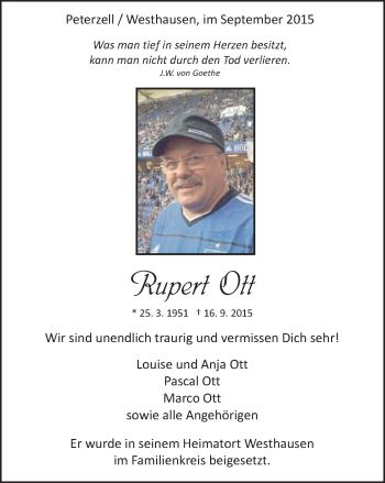 Traueranzeige von Rupert Ott von Schwäbische Post