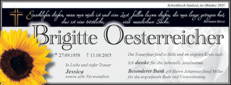  Traueranzeige für Brigitte Oesterreicher vom 24.10.2015 aus Gmünder Tagespost