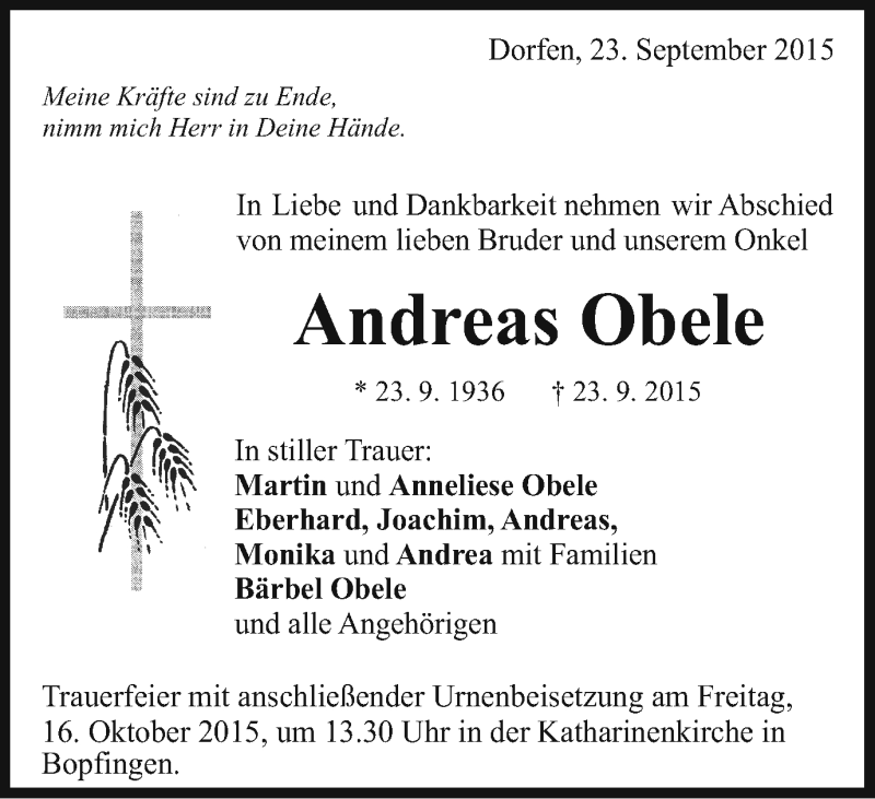  Traueranzeige für Andreas Obele vom 12.10.2015 aus Schwäbische Post