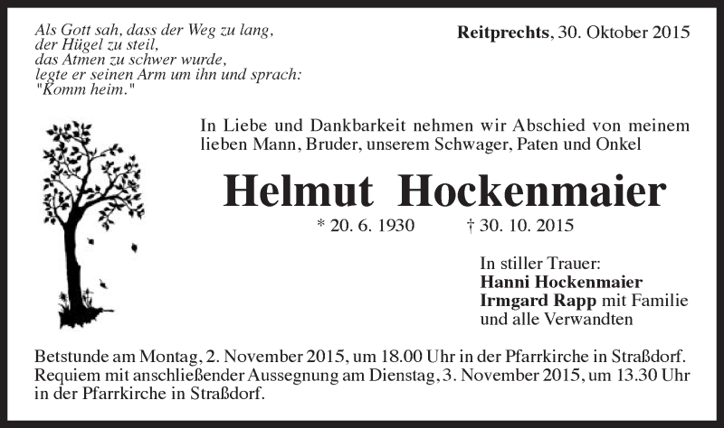  Traueranzeige für Helmut Hockenmaier vom 31.10.2015 aus Gmünder Tagespost