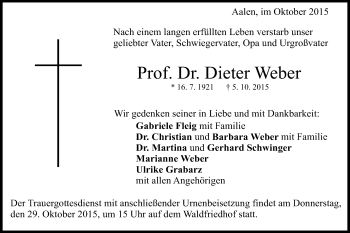 Traueranzeige von Dieter Weber von Schwäbische Post