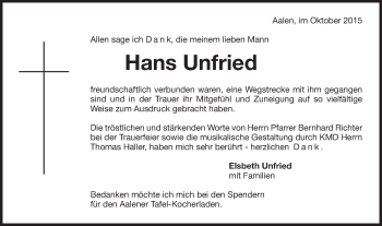 Traueranzeige von Hans Unfried von Schwäbische Post