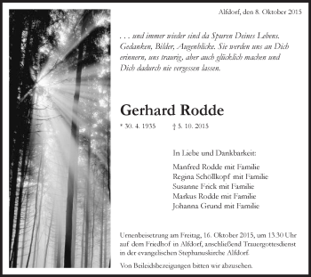 Traueranzeige von Gerhard Rodde von Gmünder Tagespost