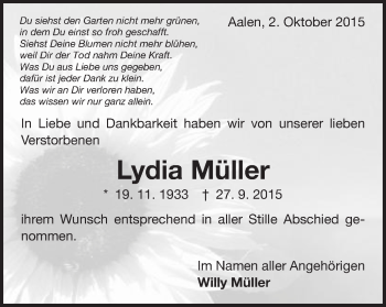 Traueranzeige von Lydia Müller von Schwäbische Post