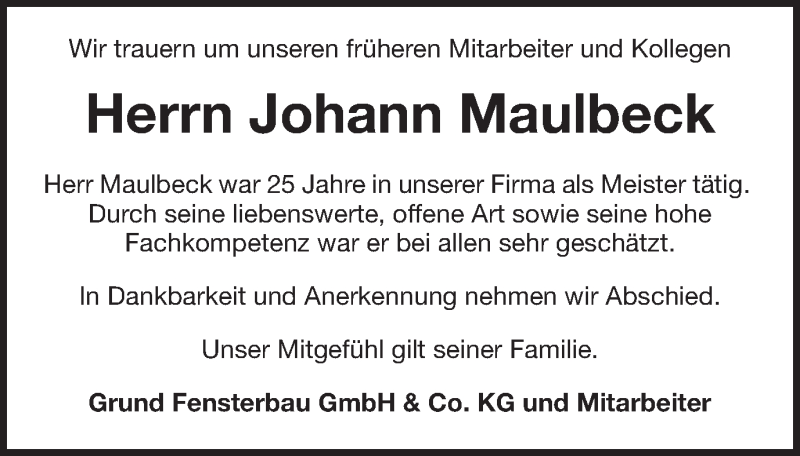  Traueranzeige für Johann Maulbeck vom 10.10.2015 aus Schwäbische Post