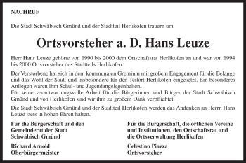 Traueranzeige von Hans Leuze von Gmünder Tagespost