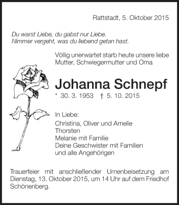 Traueranzeige von Johanna Schnepf von Schwäbische Post